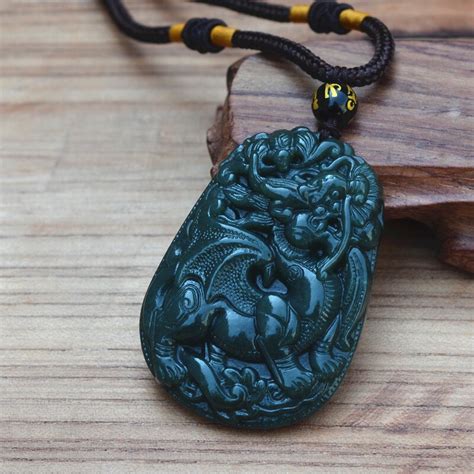 Natural Dark Green Hetian Stone Pendant 3D Carved Chinese Dragon