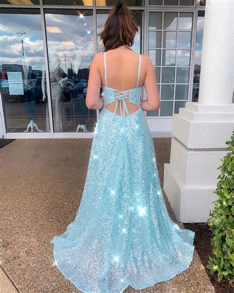Spaghetti Straps Sky Blue Prom Dress With Slit Sparkly A Line Formal D
