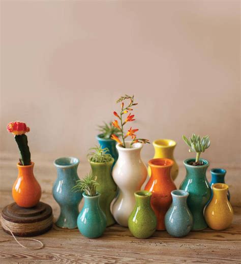 There Are Many Vases With Plants In Them On The Wooden Table Next To