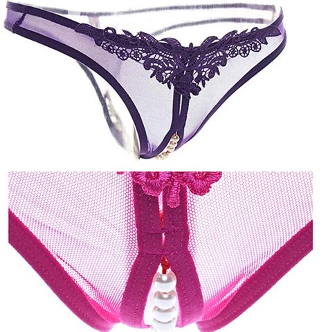 Butterfly Lace Open Crotch Cotton Briefs Women Pearl Clitoris Stimulation Thong Lace Ladies