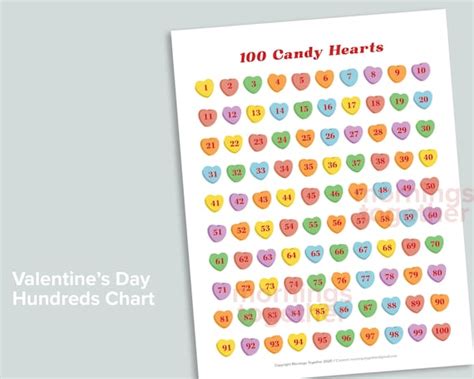 Heart 100 Chart Printable Page Valentines Day Etsy