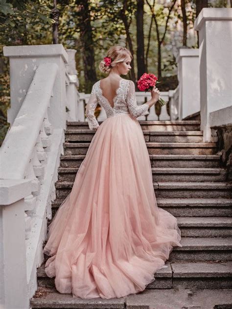 Perfectly pink wedding gowns that are perfect for the modern bride! White Lace Sleeves Pink Tulle Long Wedding Dress