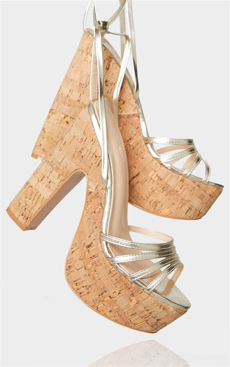 Gold Multi Ankle Tie Cork Platform Heeled Sandals Prettylittlething