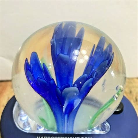 Round Crystal Clear Glass Ball Paperweight Pretty Blue Flower Inside Ebay