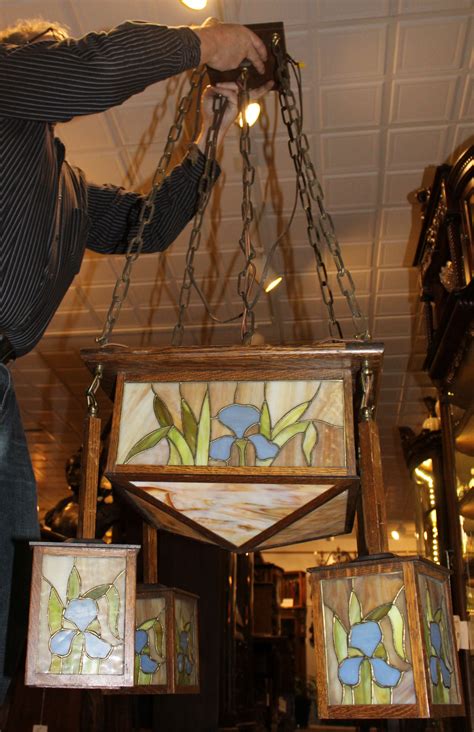 Bronze chandelier with some nickel plated details on the floral decorative embellishments. Bargain John's Antiques | Leaded Glass Mission Arts ...