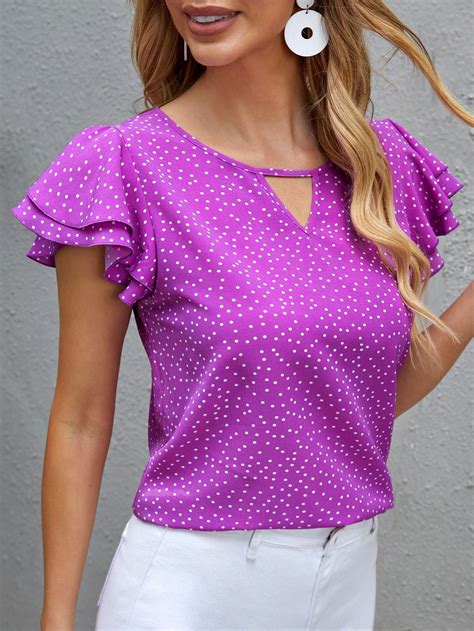 purple elegant short sleeve polyester all over print top non stretch summer women tops blouses