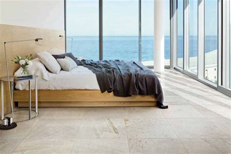 Modern Bedroom With Soft White Stone Look Porcelain Tile Floors