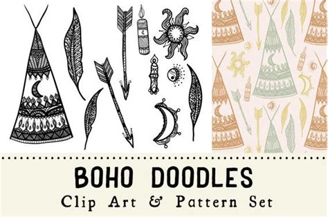 Boho Doodles Digital Clip Art And Pattern Set Bohemian Clipart Boho