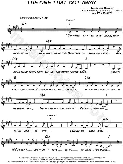 And climb to the roof. Katy Perry "The One That Got Away" Sheet Music (Leadsheet ...
