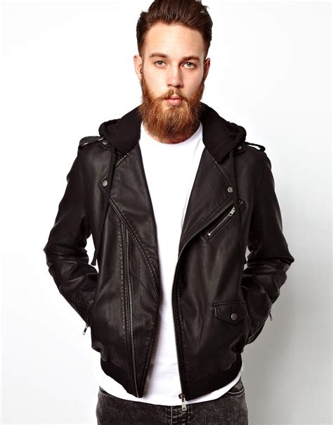 Lyst Asos Faux Leather Biker Jacket With Jersey Hood In Black For Men