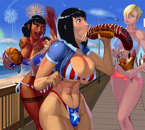 Rule 34 1futa 2girls 3girls 4th Of July Abs Aka6 American Flag American Flag Bikini Ball Bulge