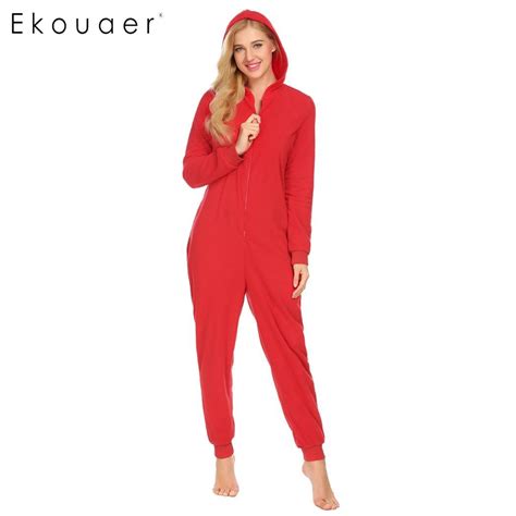 Ekouaer Adult Onesies Sleepwear Women Pajamas Long Sleeve Hooded Fleece Playsuit Nightwear