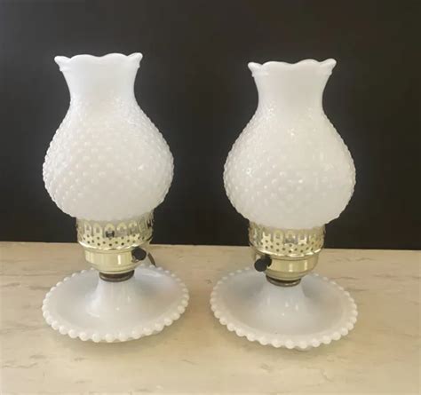 Pair Vintage Hobnail Milk Glass Hurricane Table Lamps Boudoir White Cottage Picclick