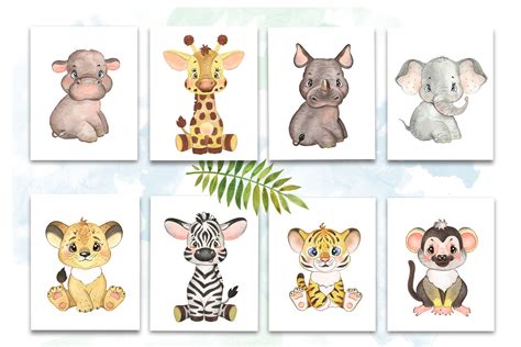 Safari Baby Animals Digital Watercolor Clipart Nursery Prints By