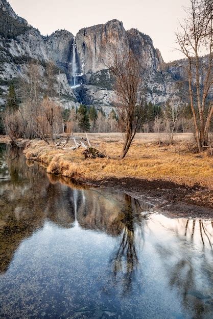 Premium Photo Yosemite Falls Reflection In Merced River On Sunset At