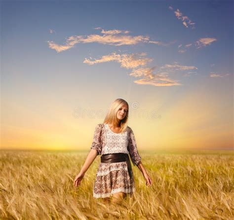 Woman Walking On Wheat Field Stock Image Image Of Country Model