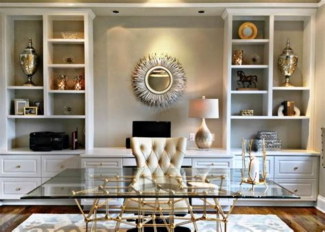 Contemporary Home Office With Built In Bookshelves Tufted