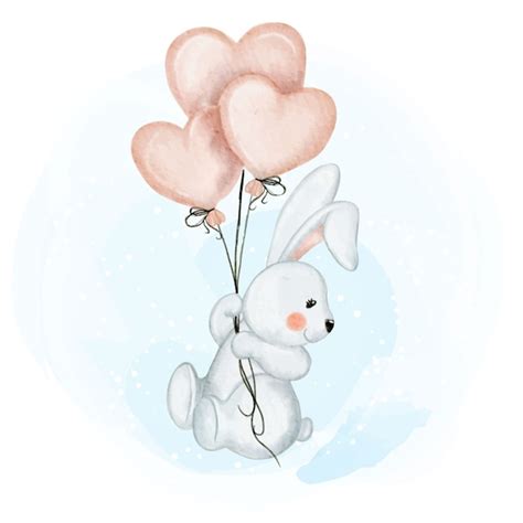 Lapin Bébé Mignon Avec Illustration Aquarelle Amour Ballon Vecteur