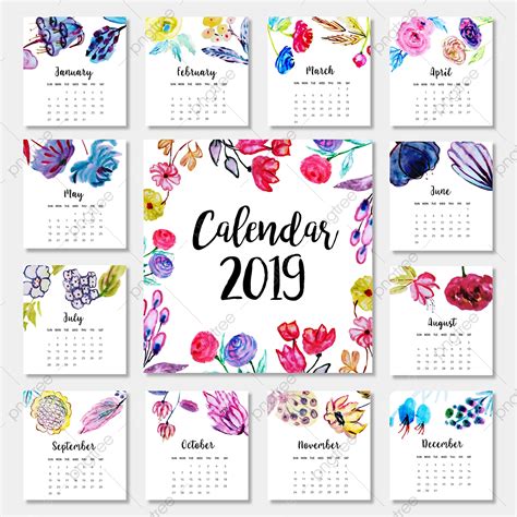 2019 Watercolor Floral Annual Calendar Watercolor Color Colorful Png