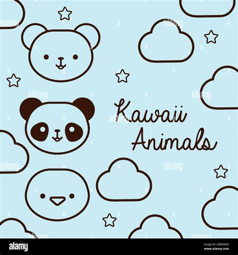 Bundle Of Kawaii Animals With Clouds And Stars Line Style Vector