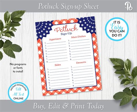 July 4th Bbq And Potluck Sign Up Sheet Potluck Invite Zhlpls Etsy Norway