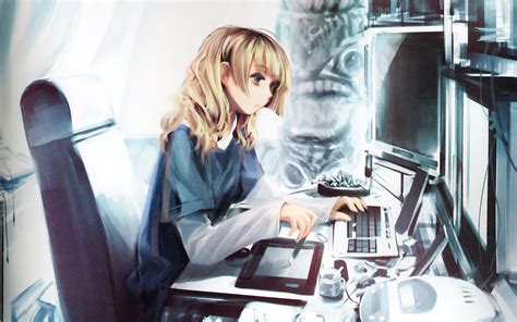 Blonde Hair Brown Eyes Cigarette Computer Drink Tagme Artist