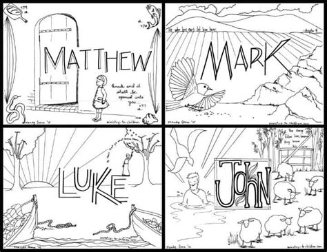 The colors of the church year are used to help solidify their meanings and images are presented to match one of the facets of each mark. "The Four Gospels" Coloring Pages | Ministry-To-Children