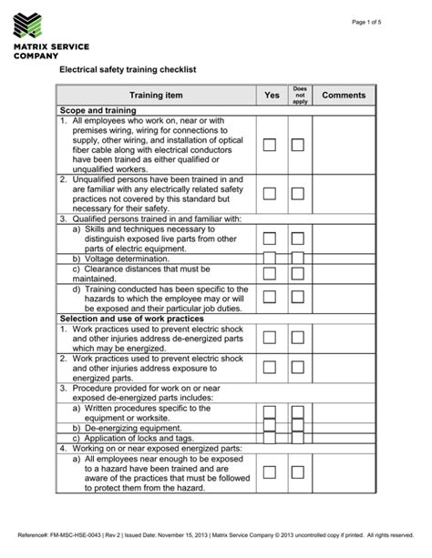 Electrical Safety Training Checklist