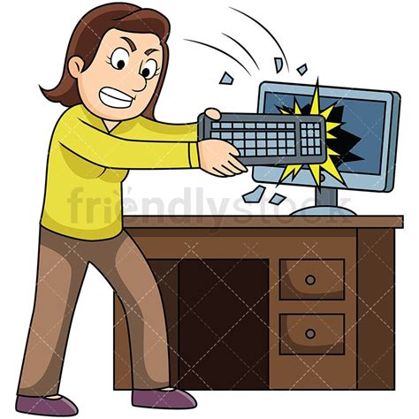 Angry Woman Smashing Computer Cartoon Vector Clipart Friendlystock