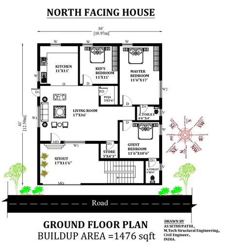 36x41 Wonderful North Facing 3bhk Furniture House Plan As Per Vastu