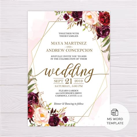 Marsala Flowers With Gold Frame Wedding Invitation