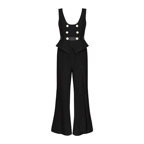 2018 new sexy black sleeveless button jumpsuits o neck full length celebrity women summer