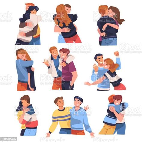 People Character Hugging And Embracing Each Other Expressing Friendly