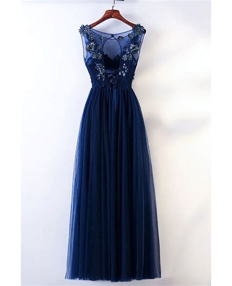 Long Navy Blue Tulle Prom Dress With Embroidery Sleeveless Myx18074