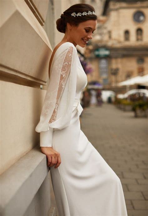 Sheer Long Sleeves Crepe Minimalistic Modest Wedding Dress Etsy