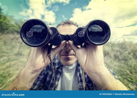 Man Looking Through Binocular Stock Image Image Of Portrait