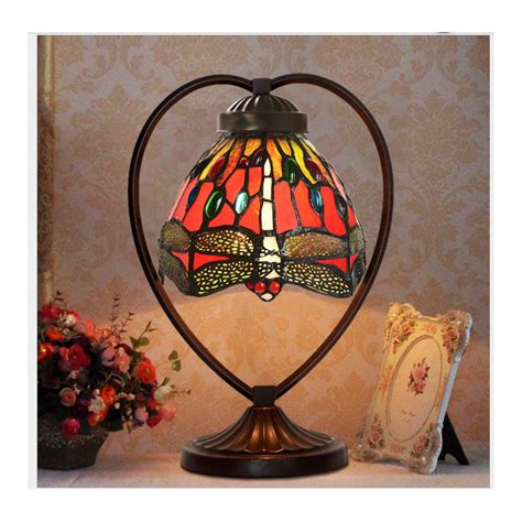 Dragonfly Tiffany Style Stained Glass Table Lamp With Heart Shaped Met