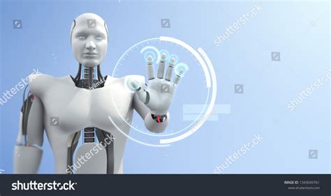 Futuristic Advanced Humanoid Robot Controlling Computer Stock