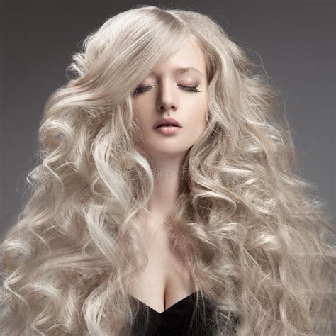 Portrait Of Beautiful Blonde Woman Healthy Long Curly Hair Stock