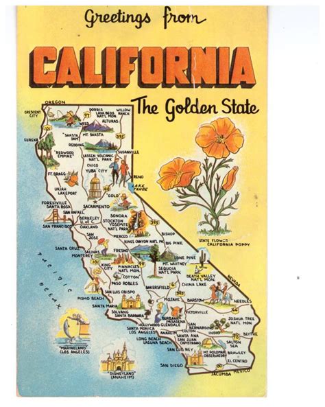Greetings From California The Golden State Map Usa Rare Postcard Posted