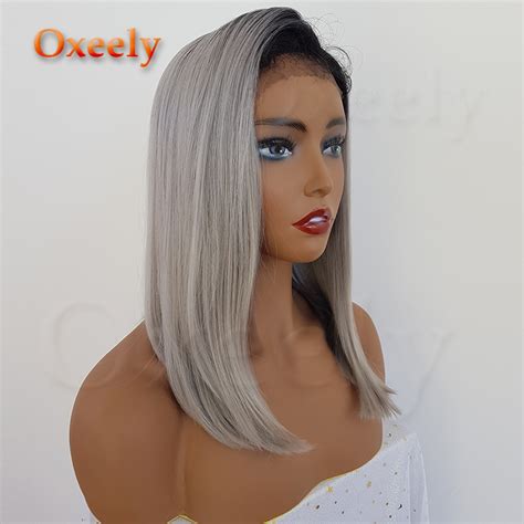 Oxeely Ombre Grey Synthetic Lace Front Wigs Free Parting Short BOB Cut