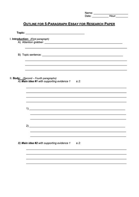 Yet, we should tell that writing grade nine essays will help you make up a valuable basis necessary to manage other more complicated papers that you will be dealing with later the most complicated type of 9th grade essays is a research paper, and you can find many useful articles about it on our blog. Outline For 5-Paragraph Essay For Research Paper printable ...