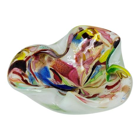 Vintage Authentic Murano Made In Italy Cased Kaleidoscope Multi Color Hand Blown Art Glass Bowl