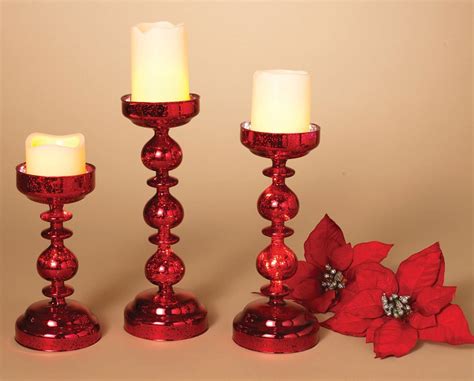 Set Of 3 Lighted Red Mercury Glass Pillar Christmas Candle Holders