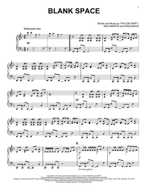 Blank Space Piano Solo Print Sheet Music Now