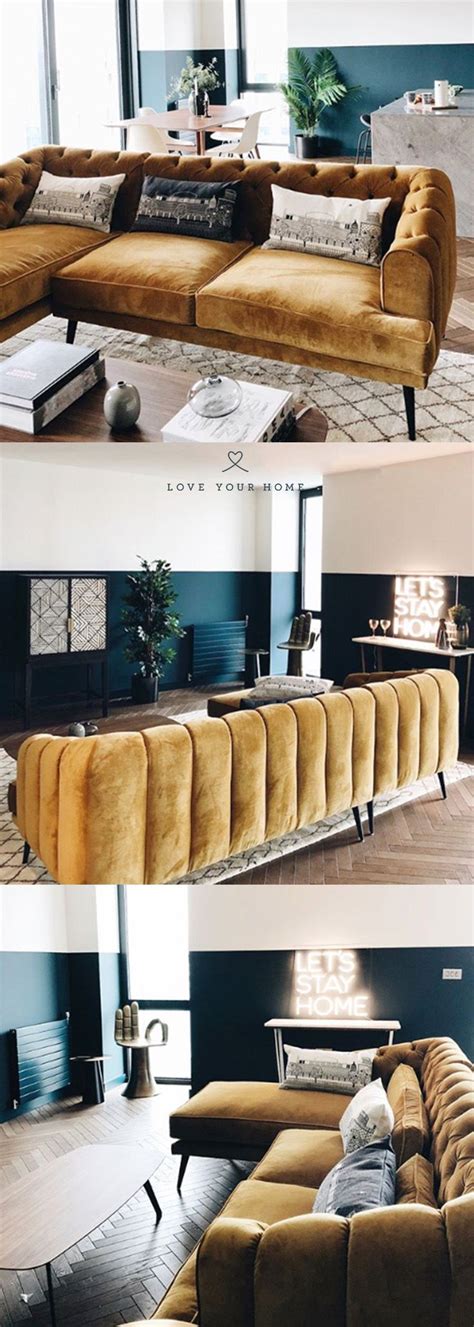 Then a print with wall color plus sofa and a accent color i like peacock with grays. Modern Chesterfield Sofa | Earl Grey | Velvet sofa living room, Blue walls living room, Blue ...