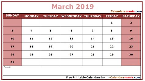 March 2019 Editable Calendar