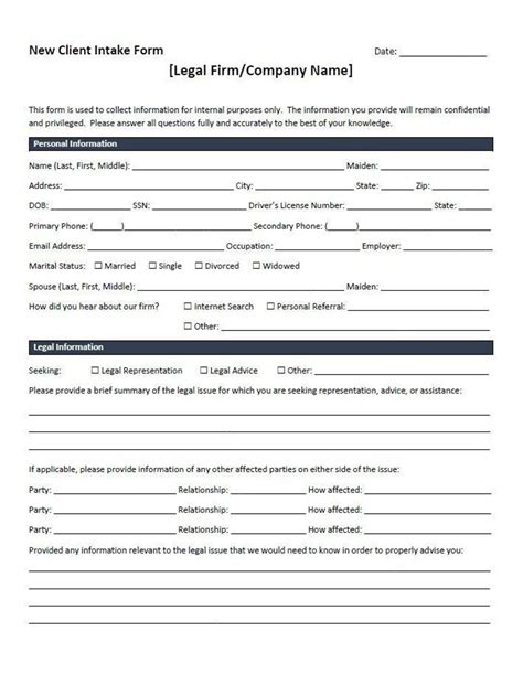 New Client Intake Form Template For Legal Firms Word Editable