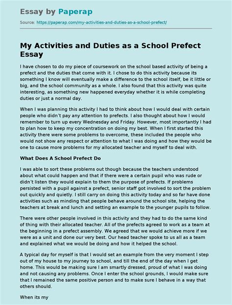 My Activities And Duties As A School Prefect Free Essay Example