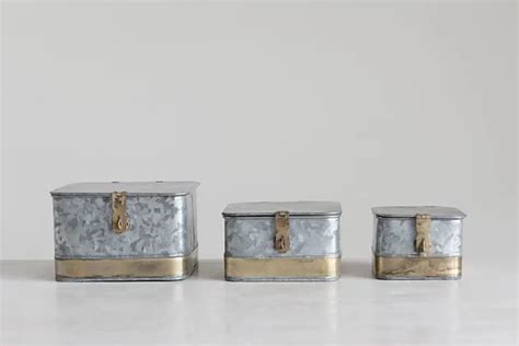 Decorative Galvanized Metal Boxes With Lids Set Of 3 Ashley